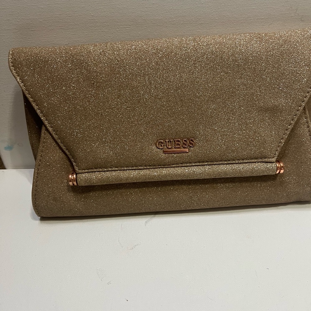 Glittery Gold Guess nightlife Purse/Clutch with gold chain strap Preowned